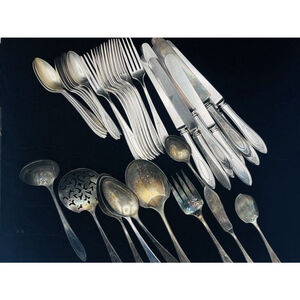 Oneida Community Silver plate "Adam" 40 Piece Set Some Monogram See Desc